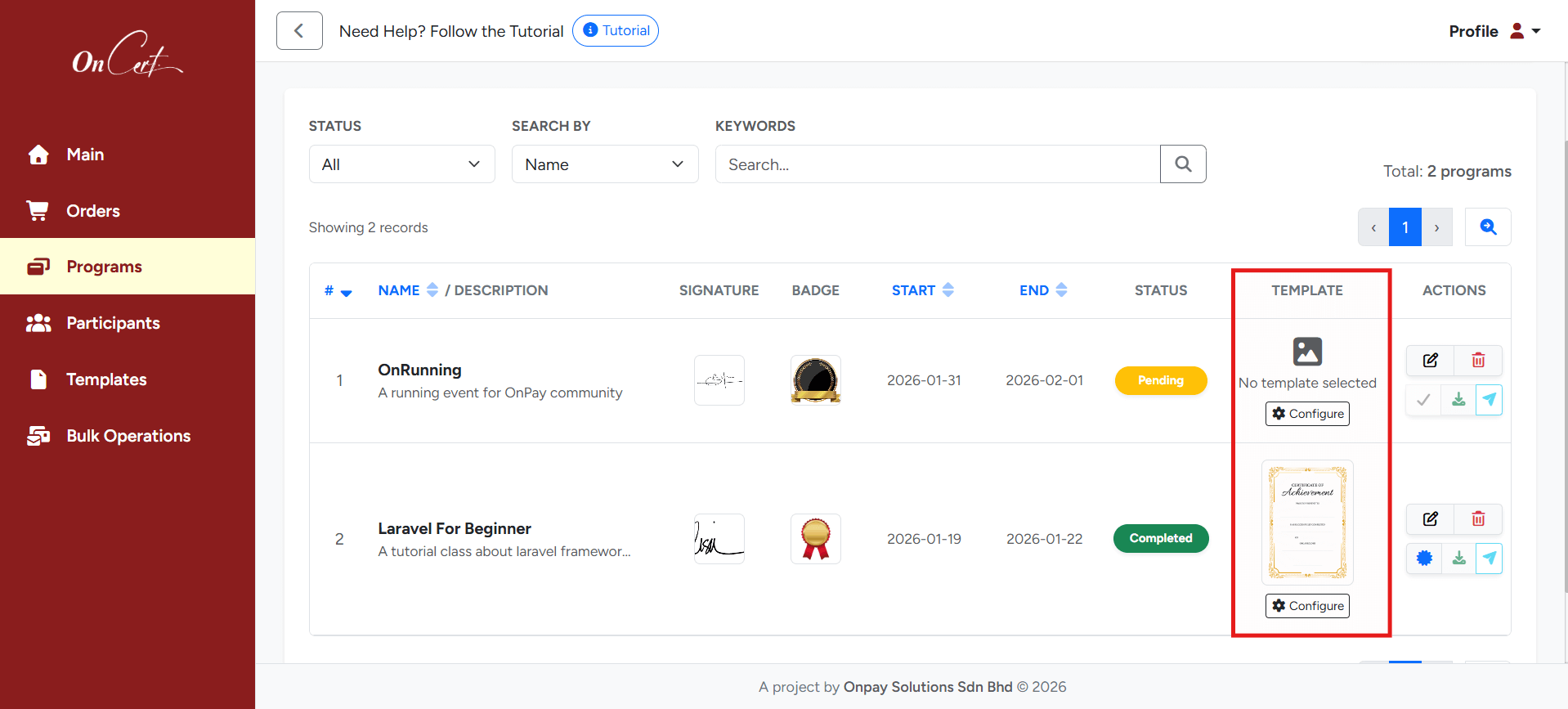 Select Program Template