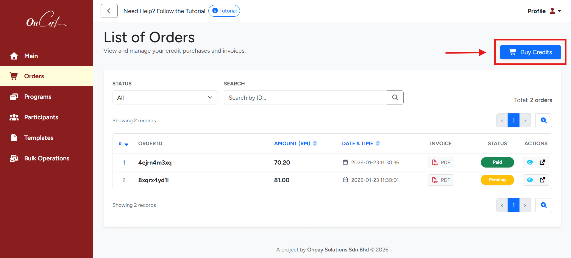 Order List Page