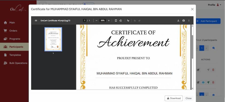 Certificate Preview